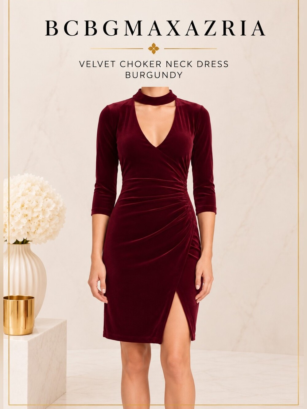 BCBGMAXAZRIA Burgundy Stretch Velvet Choker Dress Side Ruched Front Slit Size S